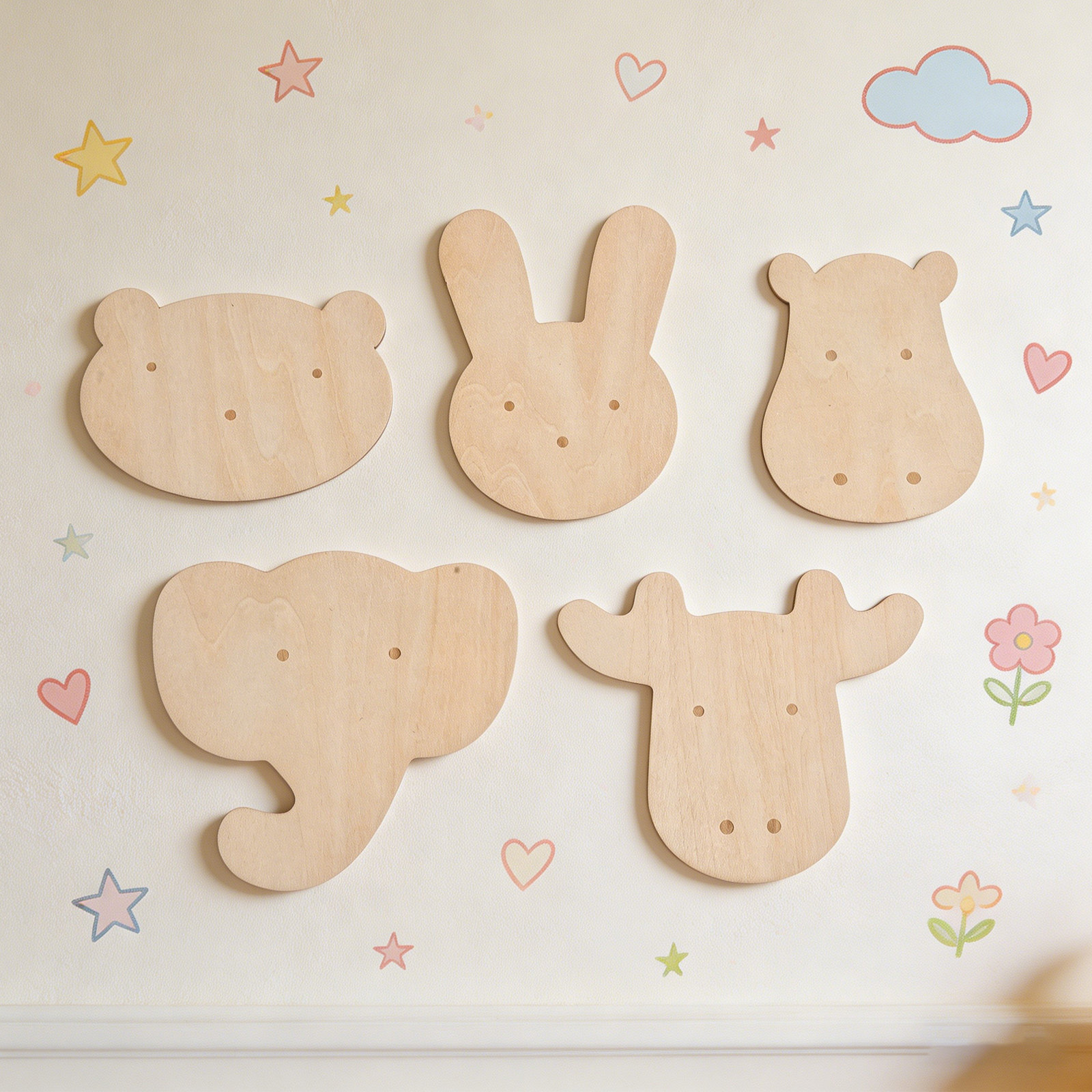 Art And Craft For Nursery - 5개입 동물 모양 나무 벽 스티커,